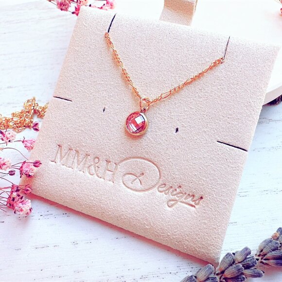 New Dainty Mini Pink Cubic Zirconia on 14k Yellow Gold Filled Chain Necklace - Picture 5 of 6